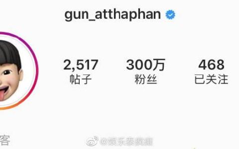 Gun Atthaphan社交账号粉丝突破300万 新剧待播引粉丝期待