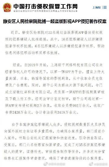 盗版影视APP“第一弹”涉侵权案曝光 非法上传2万余部影视剧获利超三千万元