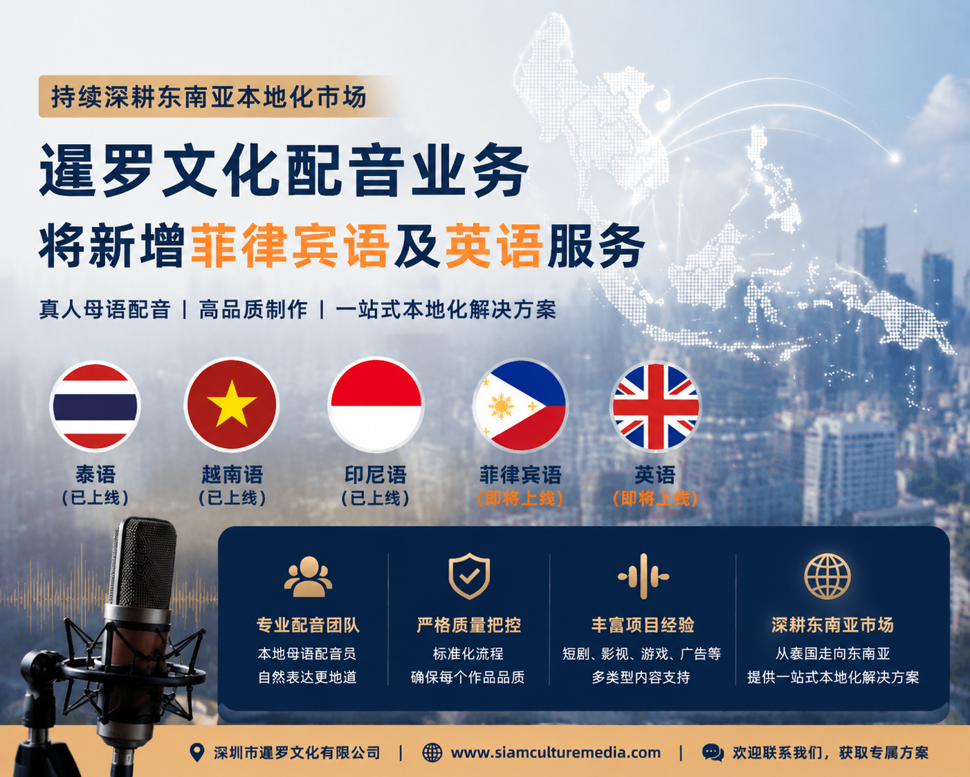 持续深耕东南亚本地化市场，深圳暹罗文化配音业务将新增菲律宾语及英语服务